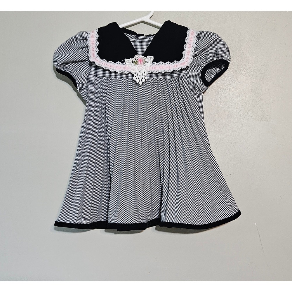Rose Cottage Toddlers 2T Gingham Dress Black White Velvet Collar Lace Rose‎ Trim